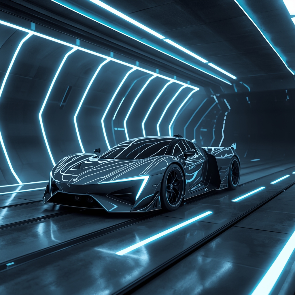 Futuristic aerodynamic sports car in a high-tech wind tunnel with neon blue flow lines, hyper-realistic 8k